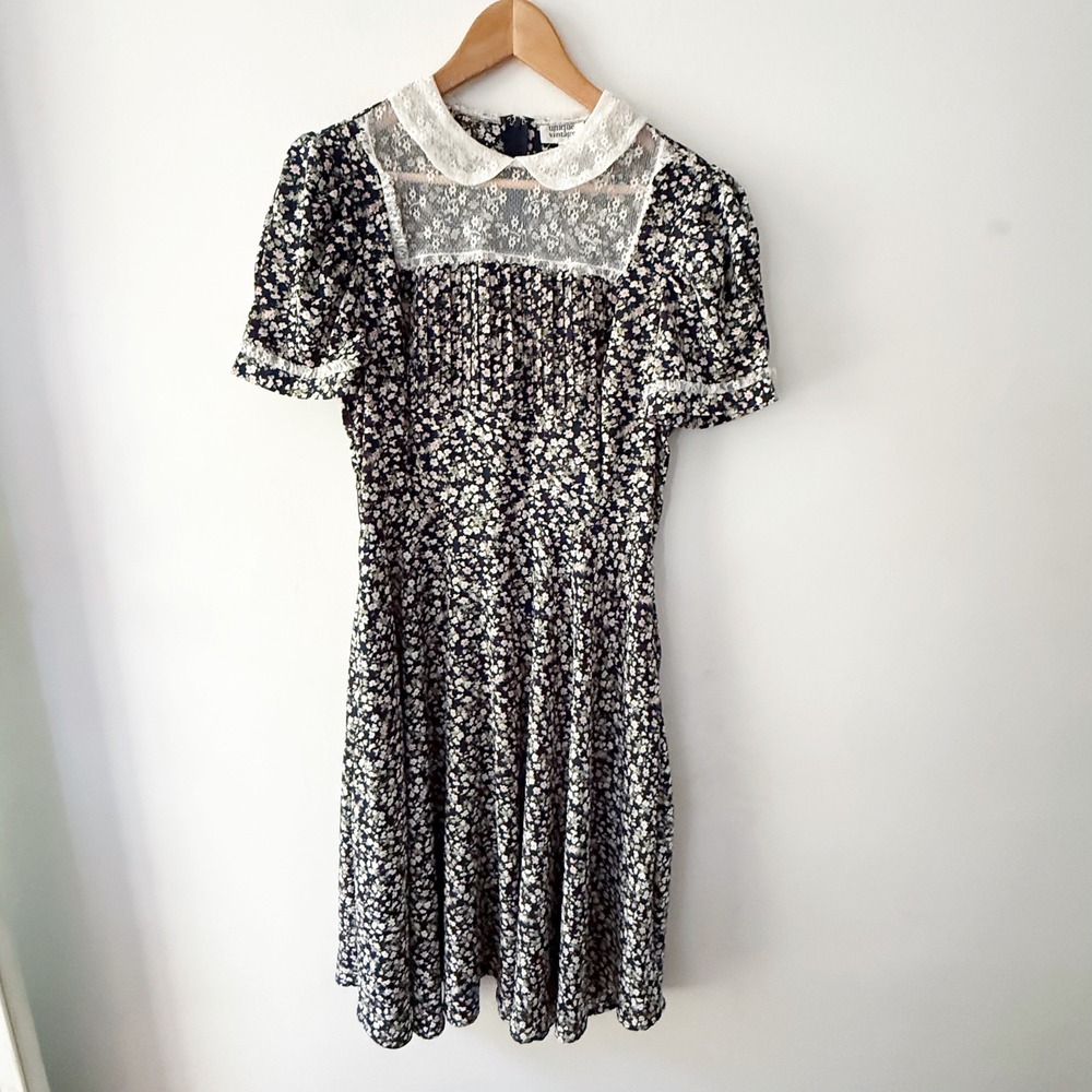 Unique Vintage Dress Women Large Floral Lace Peter Pan Collar Cottagecore Twee